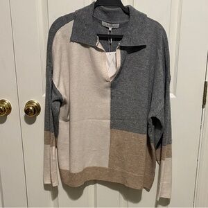 Verve Ami Gray and Beige V-Neck Sweater